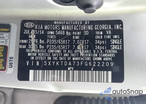 2015 Kia Sorento Lx V6 из США, поврежденный, VIN 5XYKTDA73FG622209